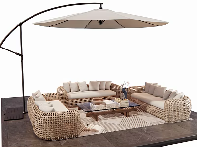 Comfortable Wicker Outdoor Sofa Set With Umbrella Coffee Table And Cushions On Patio 3d model