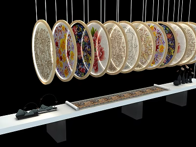 Leisure Area Featuring Hanging Decorative Plates With Floral Patterns And White Long Table 3d model