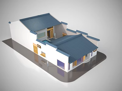 Cartoon Scene of Traditional Chinese House with Blue Tiled Roof and White Walls 3d model