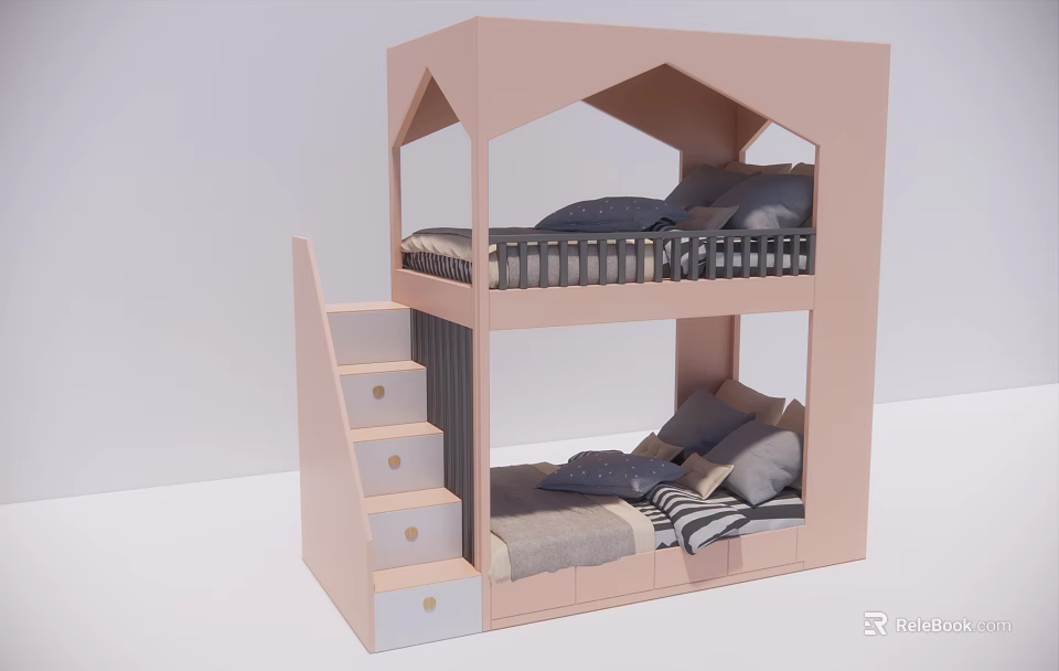 Pastel Pink Bunk Bed With House Shaped Frame Staircase And Storage Drawers 3d model 