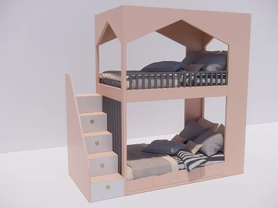 Pastel Pink Bunk Bed With House Shaped Frame Staircase And Storage Drawers 3d model