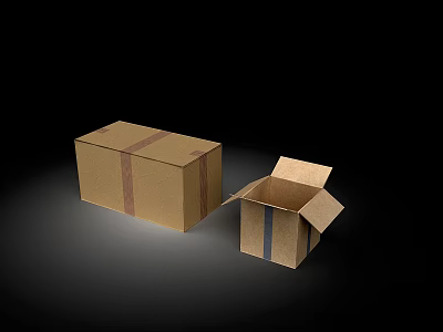 Two Brown Cardboard Boxes One Closed One Open With Brown And Blue Tape 3d model