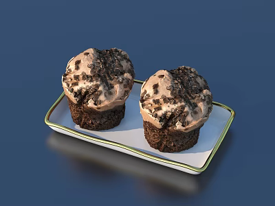 Two Chocolate Muffins Topped With Chocolate Crumbles On White Tray 3d model