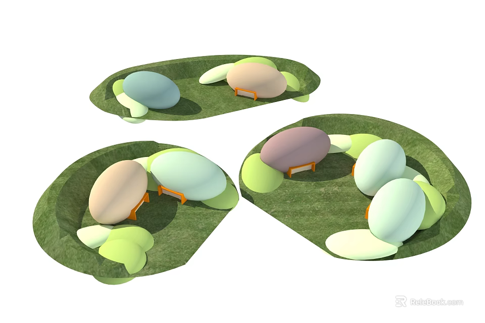 Colorful Eggs On Green Leaf Shaped Bases With Decorative Green Leaves 3d model 