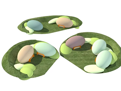 Colorful Eggs On Green Leaf Shaped Bases With Decorative Green Leaves 3d model