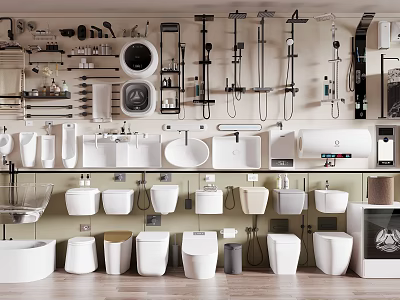 Modern Bathroom Fixtures Collection With Various Toilets Sinks Shower Systems And Accessories 3d model