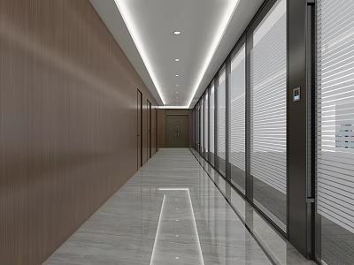 Modern Office Corridor With Wooden Walls Glass Partitions Light Strips And Marble Flooring 3d model