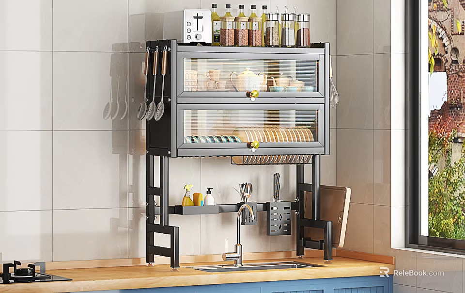 Modern Kitchen Storage Shelf With Spice Bottles Bread And Utensil Hooks Above Sink 3d model 