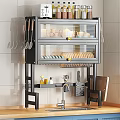 Modern Kitchen Storage Shelf With Spice Bottles Bread And Utensil Hooks Above Sink