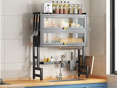 Modern Kitchen Storage Shelf With Spice Bottles Bread And Utensil Hooks Above Sink 3d model