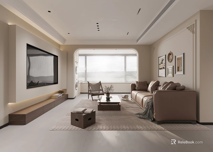 Modern Living Dining Room Interior With Sofa Coffee Table TV Wall Art And Large Window 3d model 