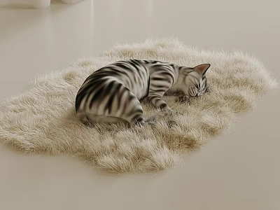 Zebra striped cat curled up sleeping on cream colored furry mat 3d model