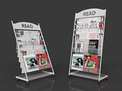 Two White Metal Magazine Racks with READ Sign Holding Magazines Newspapers and Wheels 3d model