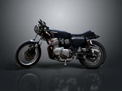Vintage Black Custom Motorcycle With Round Headlight Black Leather Seat Metallic Engine And Reflective Floor 3d model