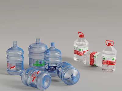 Assorted Water Bottles Including Large Blue Containers And Small Transparent Ones With Red Caps 3d model