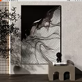 Black and White Abstract Painting Featuring Wavy Lines as Indoor Wall Art with Plant Accents
