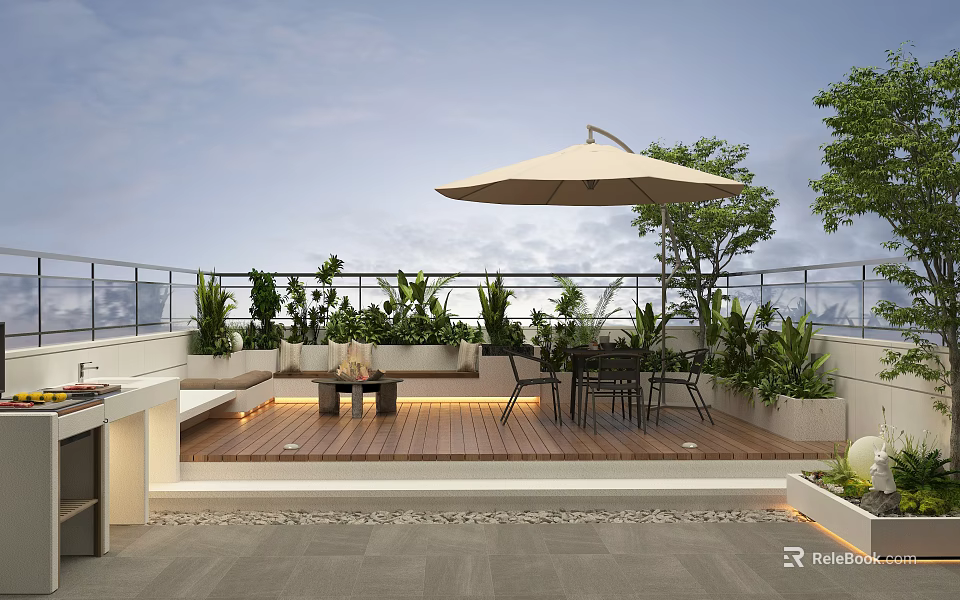 Rooftop Garden Design Featuring Outdoor Sofa Table Chairs Parasol Green Plants And Wooden Flooring 3d model 