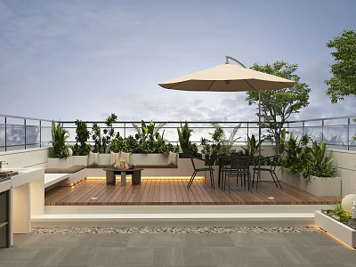 Rooftop Garden Design Featuring Outdoor Sofa Table Chairs Parasol Green Plants And Wooden Flooring 3d model