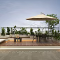 Rooftop Garden Design Featuring Outdoor Sofa Table Chairs Parasol Green Plants And Wooden Flooring