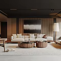 Modern Living Room Interior With Cream Sofa Wooden Paneling Walls And Large Abstract Painting