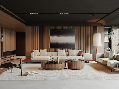 Modern Living Room Interior With Cream Sofa Wooden Paneling Walls And Large Abstract Painting 3d model