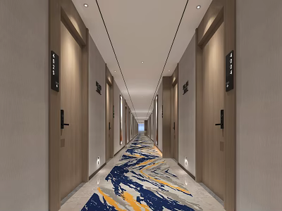 Modern Hotel Corridor With Wooden Doors Room Number Signs And Wave Pattern Carpet 3d model