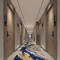 Modern Hotel Corridor With Wooden Doors Room Number Signs And Wave Pattern Carpet