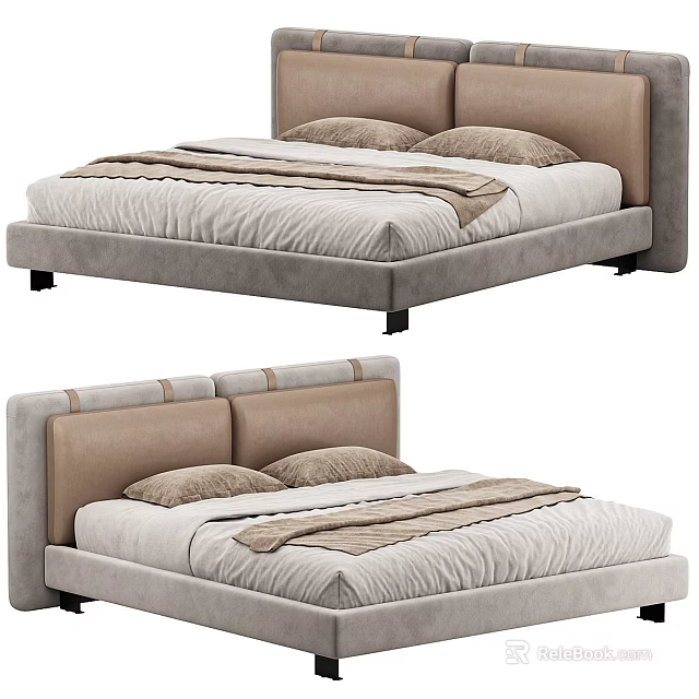 Modern Upholstered Bed With Beige Pillows Light Gray Frame And Simple Design 3d model 