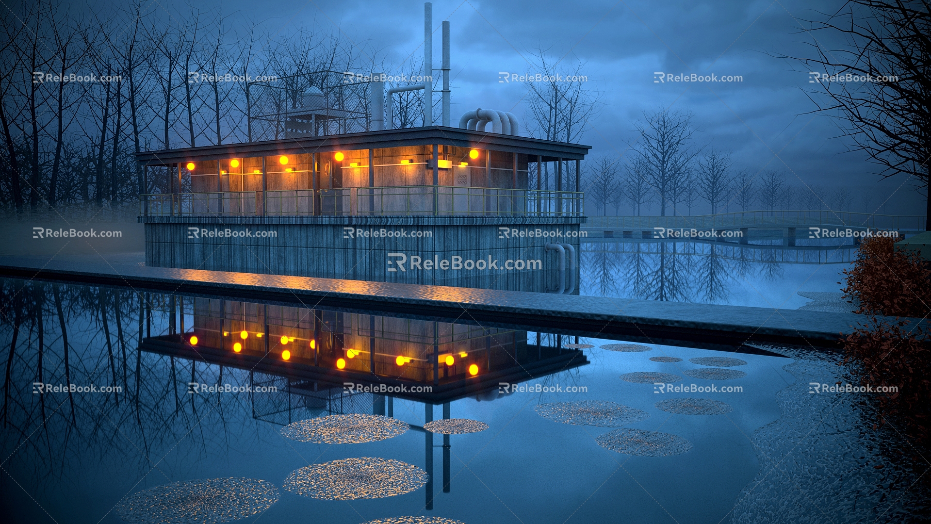 Night view of sewage treatment plant 3d model