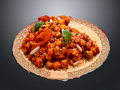 Colorful Spiced Chickpea Salad With Tomato Slices And Fresh Mint Leaves On Decorative Plate 3d model