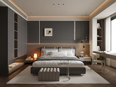 Modern Bedroom Interior With Gray Walls Decorative Painting Nightstand Bench And Desk Chair 3d model