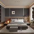 Modern Bedroom Interior With Gray Walls Decorative Painting Nightstand Bench And Desk Chair