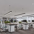 Modern Spacious Public Office Space with Workstations Computers Office Chairs Lighting Windows Green Plants 3d model