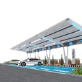 Commercial EV Charging Station with Canopy Multiple Charging Piles White Car and Green Plants