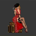 Woman Sitting On Brown Suitcase In Red Polka Dot Dress With Black Hat Holding Cigarette