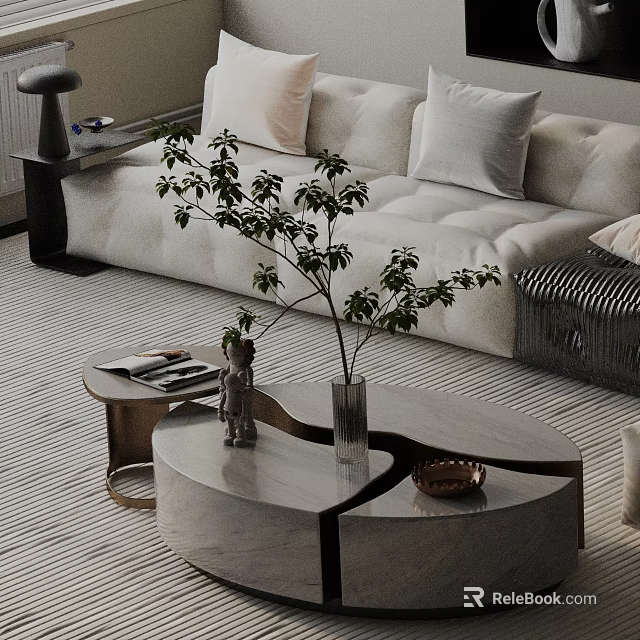 Modern Beige Sofa And Gray Coffee Table Set With Pillows Green Plant Vase And Magazines 3d model 