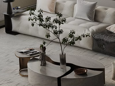 Modern Beige Sofa And Gray Coffee Table Set With Pillows Green Plant Vase And Magazines 3d model