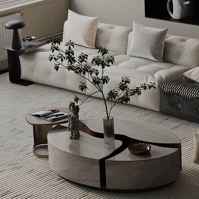 Modern Beige Sofa And Gray Coffee Table Set With Pillows Green Plant Vase And Magazines 3d model