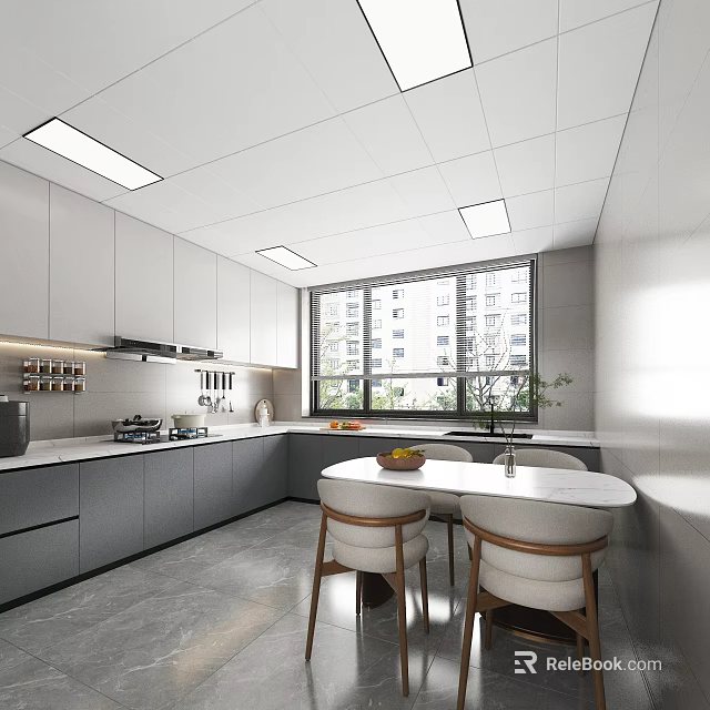 Modern Kitchen Interior Design With White Grey Cabinets Round Dining Table Window Natural Light 3d model