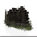 Modern Garden Landscape With Partially Collapsed Brick Wall Weeds And Wooden Sticks