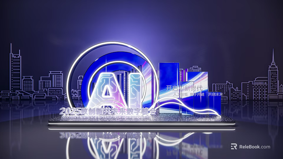 Innovative Technology Digital Summit AI Photo Spot with Blue Neon Lights and City Skyline 3d model 