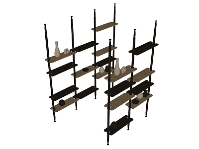 Modern Multi Tiered Bookshelf With Wooden Shelves And Decorative Vases 3d model