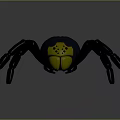 Black Spider Toy With Yellow Head And Green Accents On Blue Background