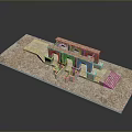 Ancient Ruin Scenic Landscape Featuring Stone Structure Red Roof And Archways