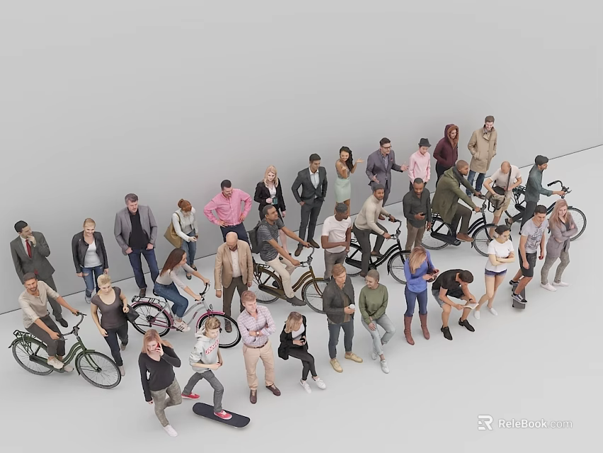 Group Of Diverse People With Bikes And Skateboard 3d model 