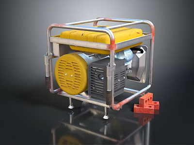 Portable Yellow Generator With Metal Frame And Red Bricks On Black Surface 3d model