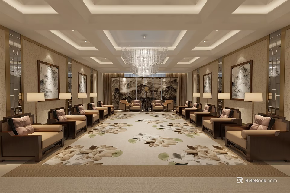 Spacious Luxurious Hotel Public Lounge Area With Chandelier Floral Carpet And Decorative Paintings 3d model 