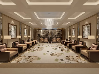 Spacious Luxurious Hotel Public Lounge Area With Chandelier Floral Carpet And Decorative Paintings 3d model