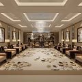 Spacious Luxurious Hotel Public Lounge Area With Chandelier Floral Carpet And Decorative Paintings