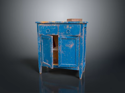 Vintage Blue Distressed Wood Cabinet With Open Doors And Drawers Detail 3d model